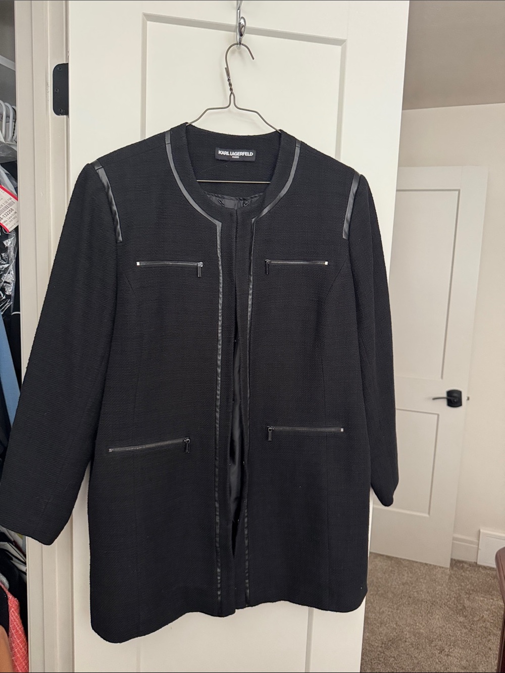 Karl Lagerfeld Black Textured Open-Front Jacket with Zipper Accents